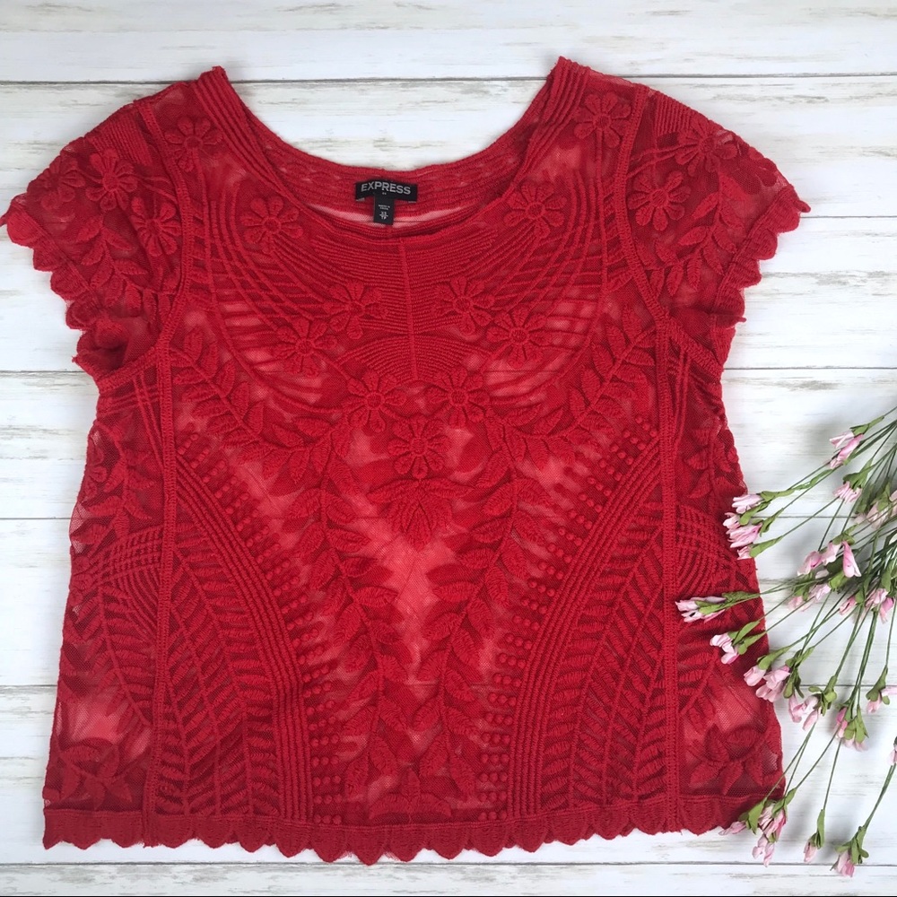 SOLD - Express Sheer Red Lace Blouse Top Size XS